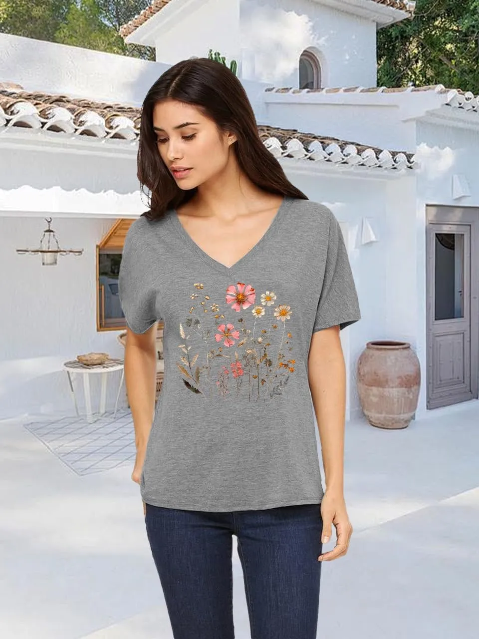 Women V Neck Sunflower Graphic Shirt Cute Dandelion Teen Girls Tee Tops Short Sleeve Cowgirls Casual T Shirts