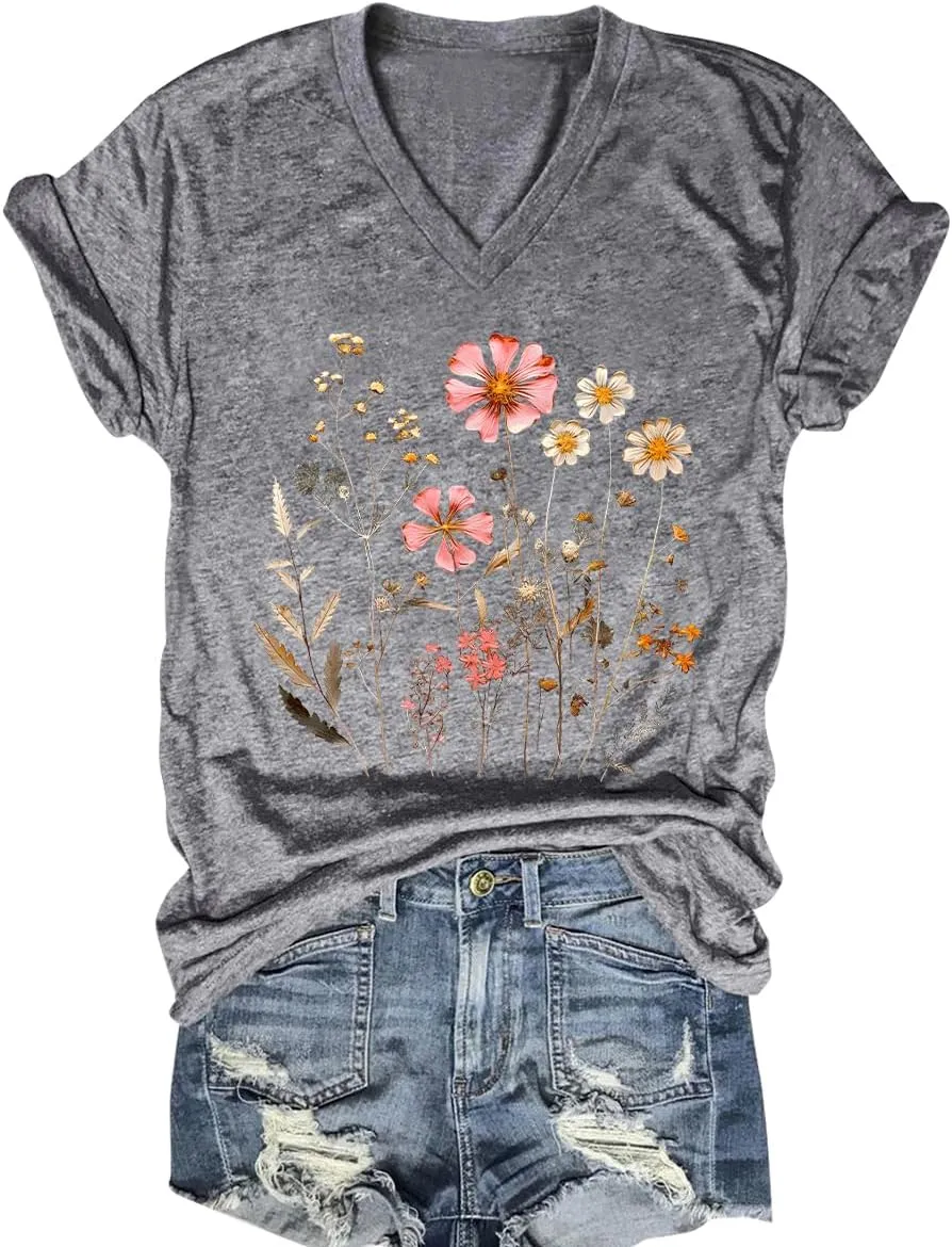 Women V Neck Sunflower Graphic Shirt Cute Dandelion Teen Girls Tee Tops Short Sleeve Cowgirls Casual T Shirts
