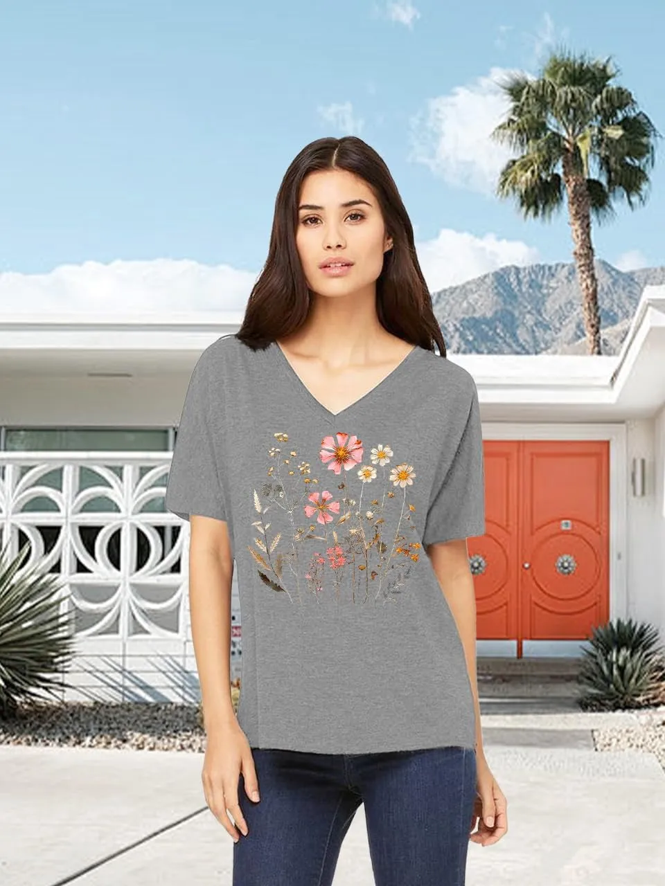 Women V Neck Sunflower Graphic Shirt Cute Dandelion Teen Girls Tee Tops Short Sleeve Cowgirls Casual T Shirts