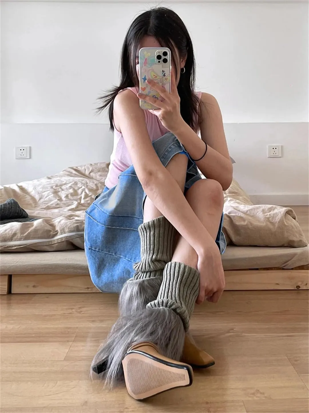 Women Vintage Knee-Length Midi Long Pleated Denim Skirt