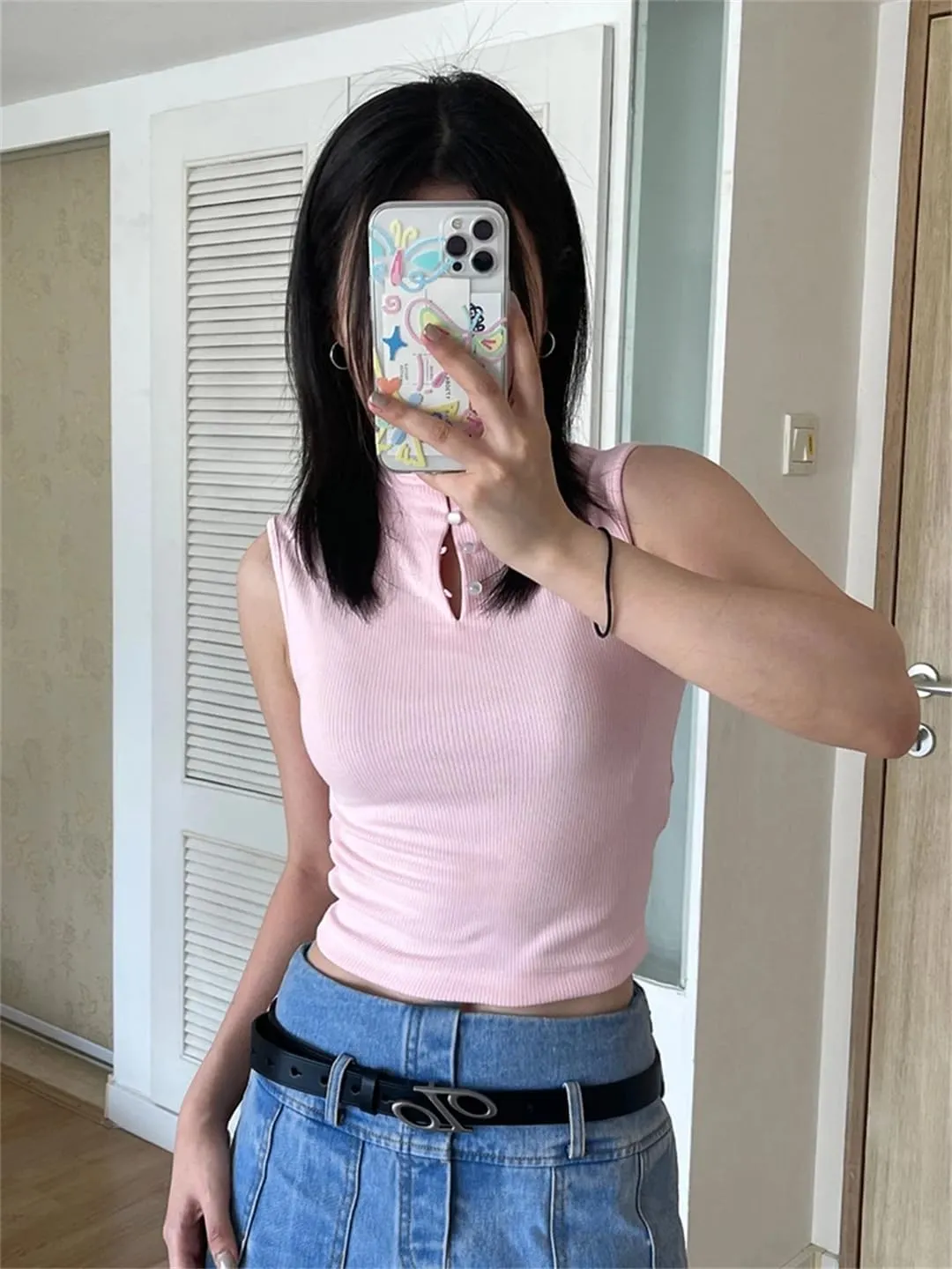 Women Vintage Knee-Length Midi Long Pleated Denim Skirt