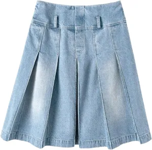 Women Vintage Knee-Length Midi Long Pleated Denim Skirt