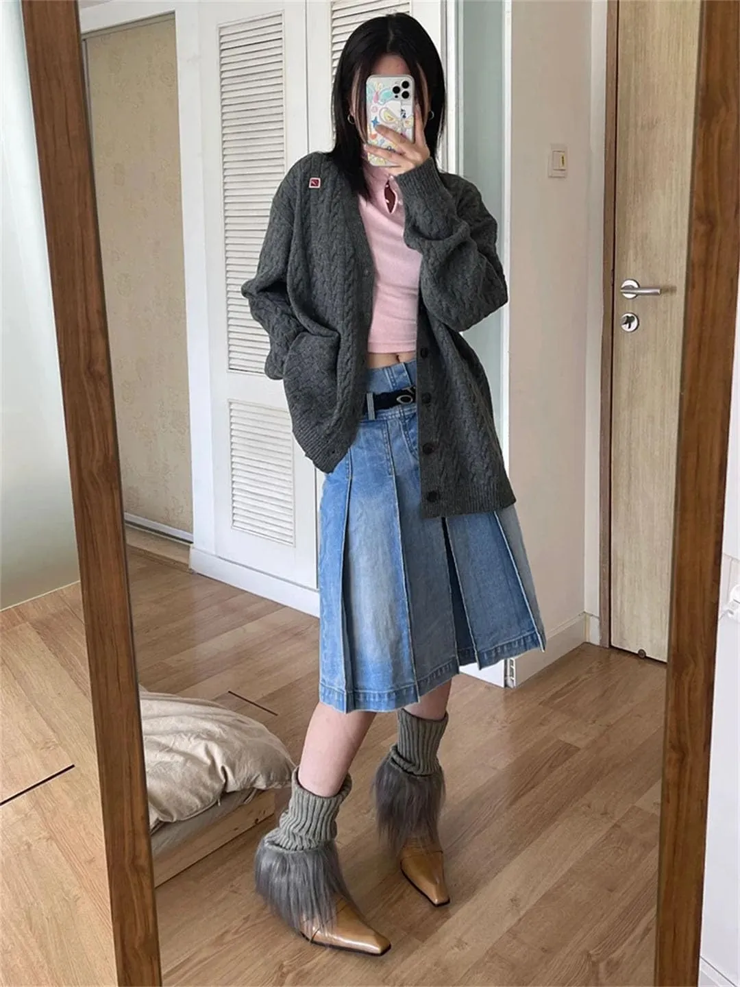 Women Vintage Knee-Length Midi Long Pleated Denim Skirt