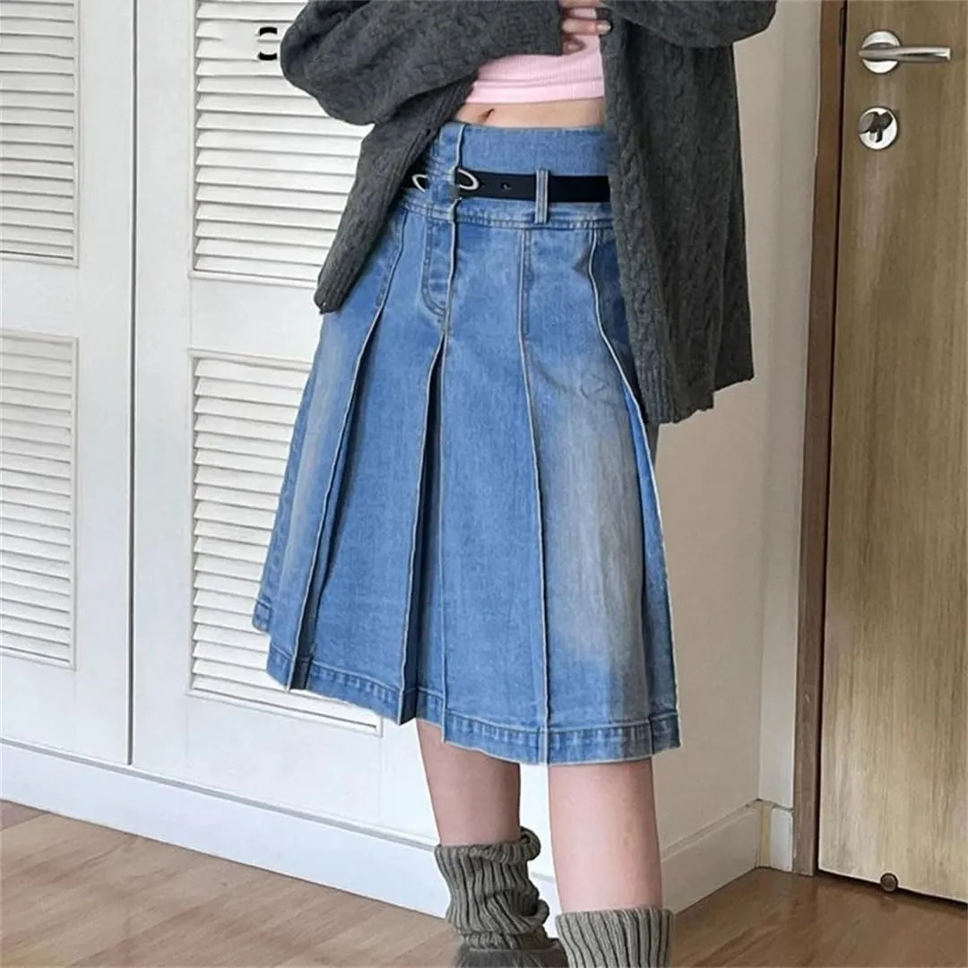 Women Vintage Knee-Length Midi Long Pleated Denim Skirt