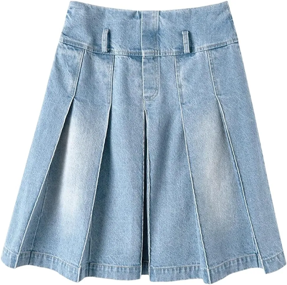Women Vintage Knee-Length Midi Long Pleated Denim Skirt