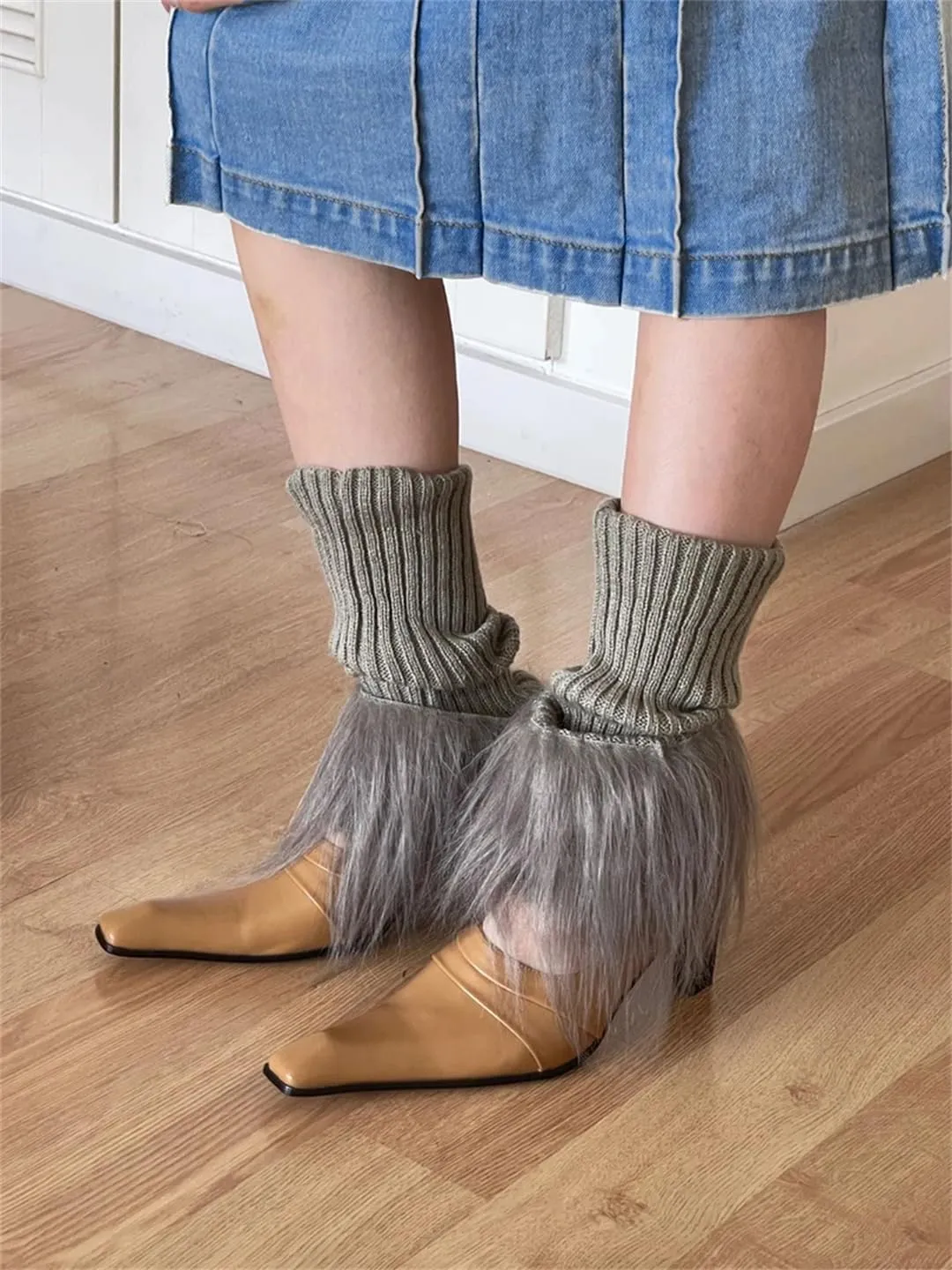 Women Vintage Knee-Length Midi Long Pleated Denim Skirt