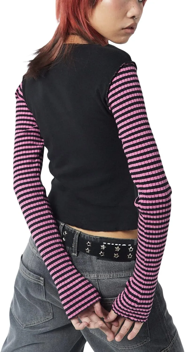 Women Vintage Star Pattern Stripes Patchwork T Shirts Long Sleeve Crew Neck Crop Top Casual Y2K 90s Streetwear