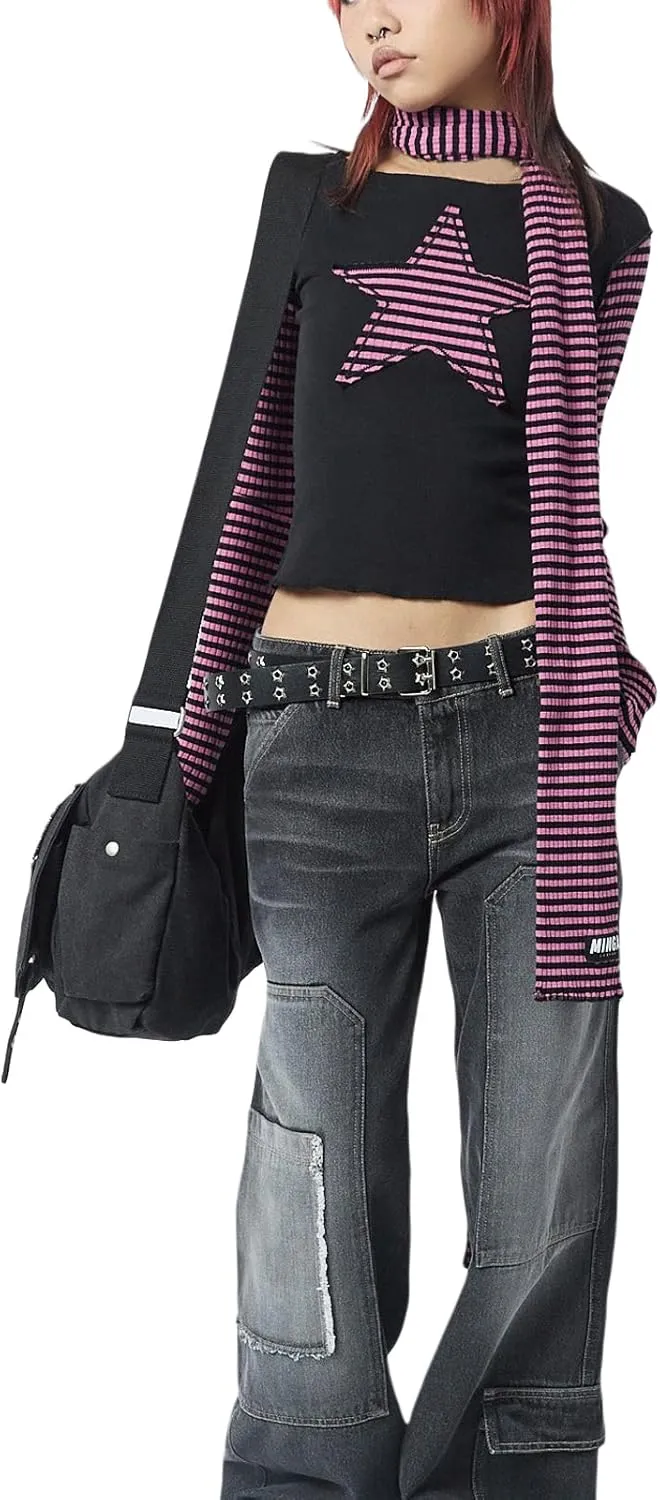 Women Vintage Star Pattern Stripes Patchwork T Shirts Long Sleeve Crew Neck Crop Top Casual Y2K 90s Streetwear