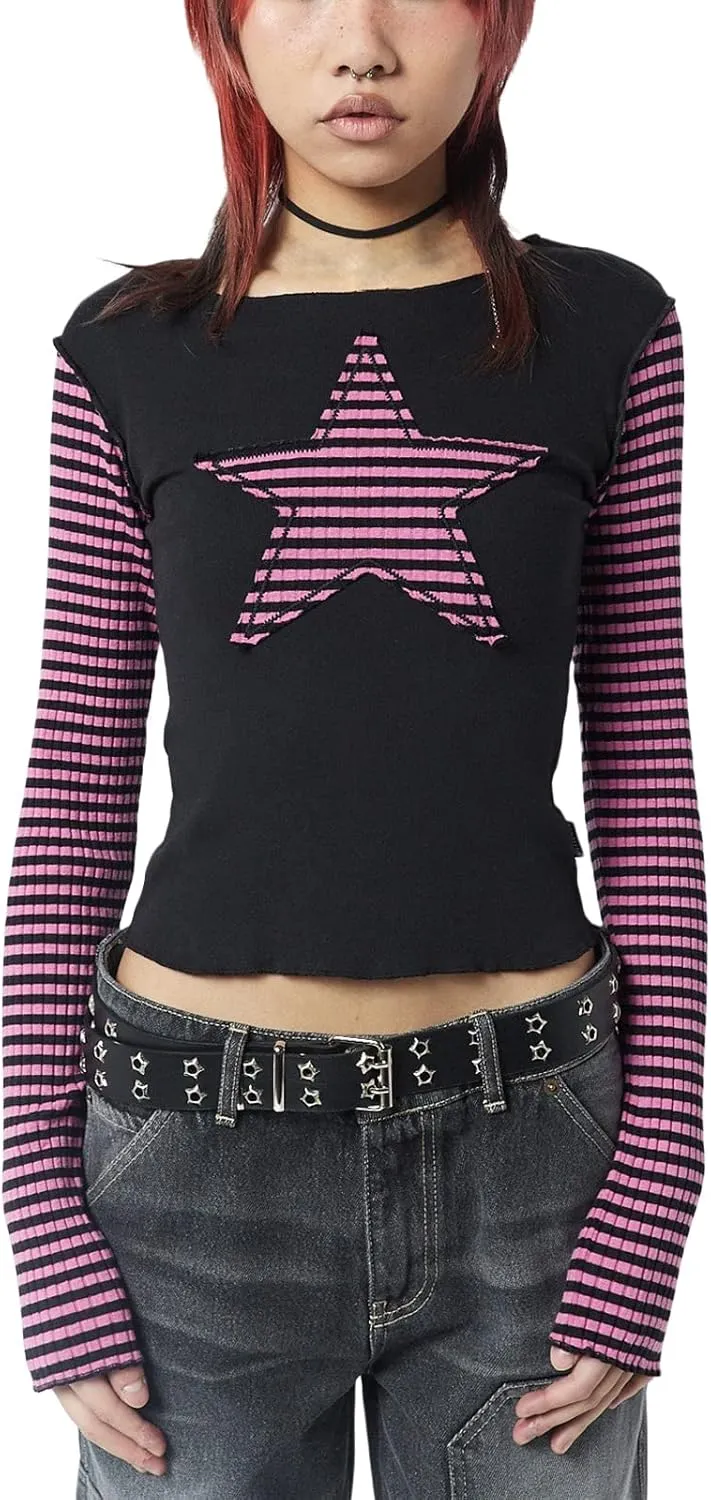 Women Vintage Star Pattern Stripes Patchwork T Shirts Long Sleeve Crew Neck Crop Top Casual Y2K 90s Streetwear