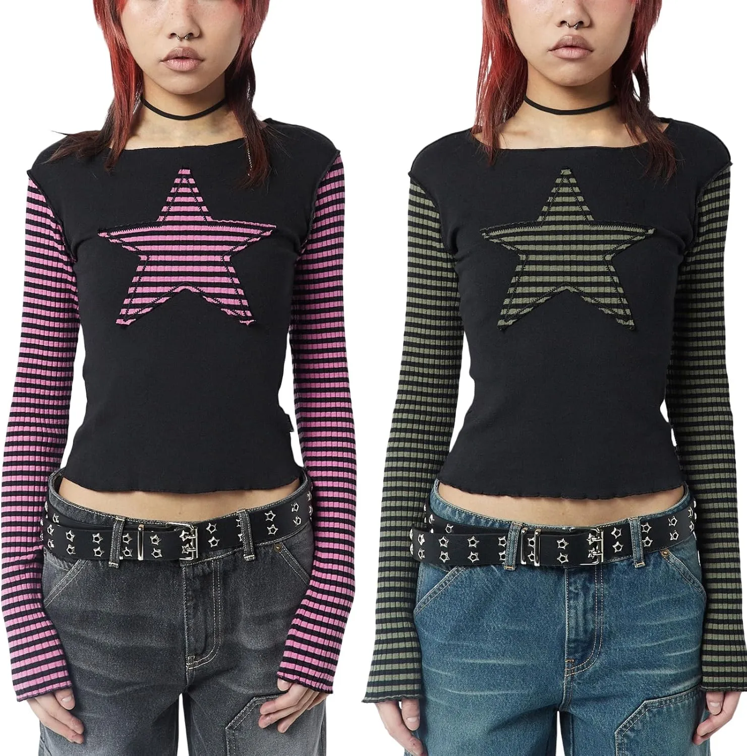 Women Vintage Star Pattern Stripes Patchwork T Shirts Long Sleeve Crew Neck Crop Top Casual Y2K 90s Streetwear