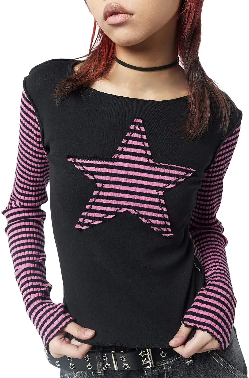 Women Vintage Star Pattern Stripes Patchwork T Shirts Long Sleeve Crew Neck Crop Top Casual Y2K 90s Streetwear