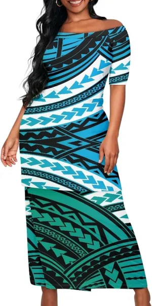 Womens 2 Piece Outfit Skirt Sets Polynesian Puletasi Samoan Off Shoulder Half Sleeve T-Shirts Long Maxi Dresses