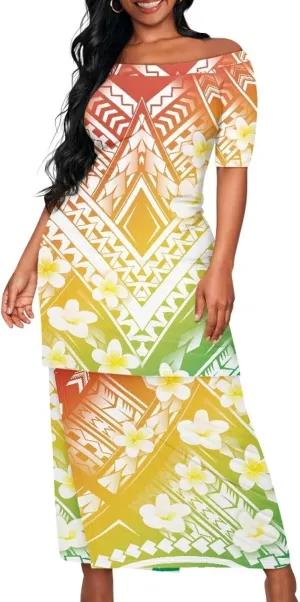 Womens 2 Piece Outfit Skirt Sets Polynesian Puletasi Samoan Off Shoulder Half Sleeve T-Shirts Long Maxi Dresses