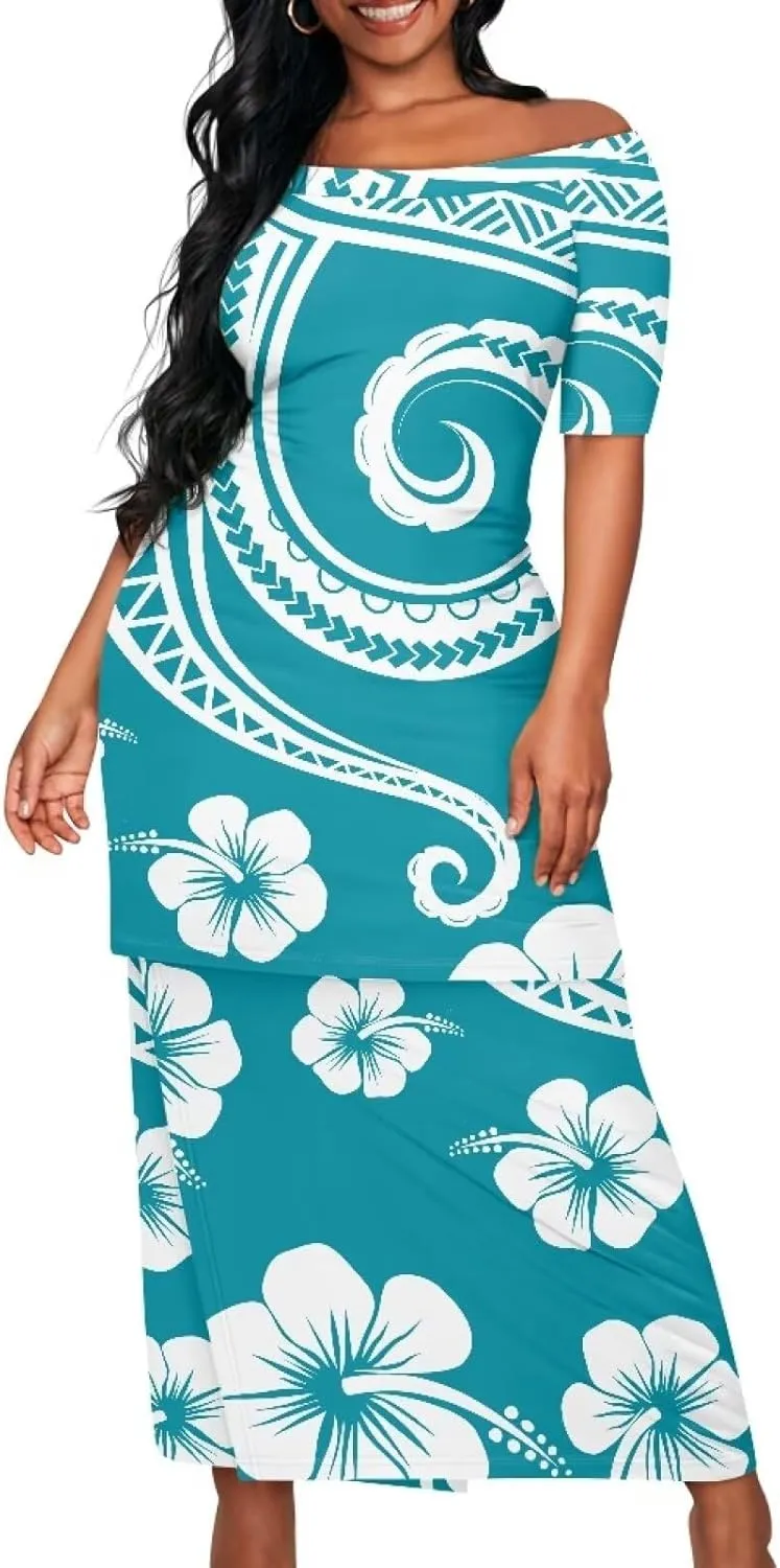 Womens 2 Piece Outfit Skirt Sets Polynesian Puletasi Samoan Off Shoulder Half Sleeve T-Shirts Long Maxi Dresses