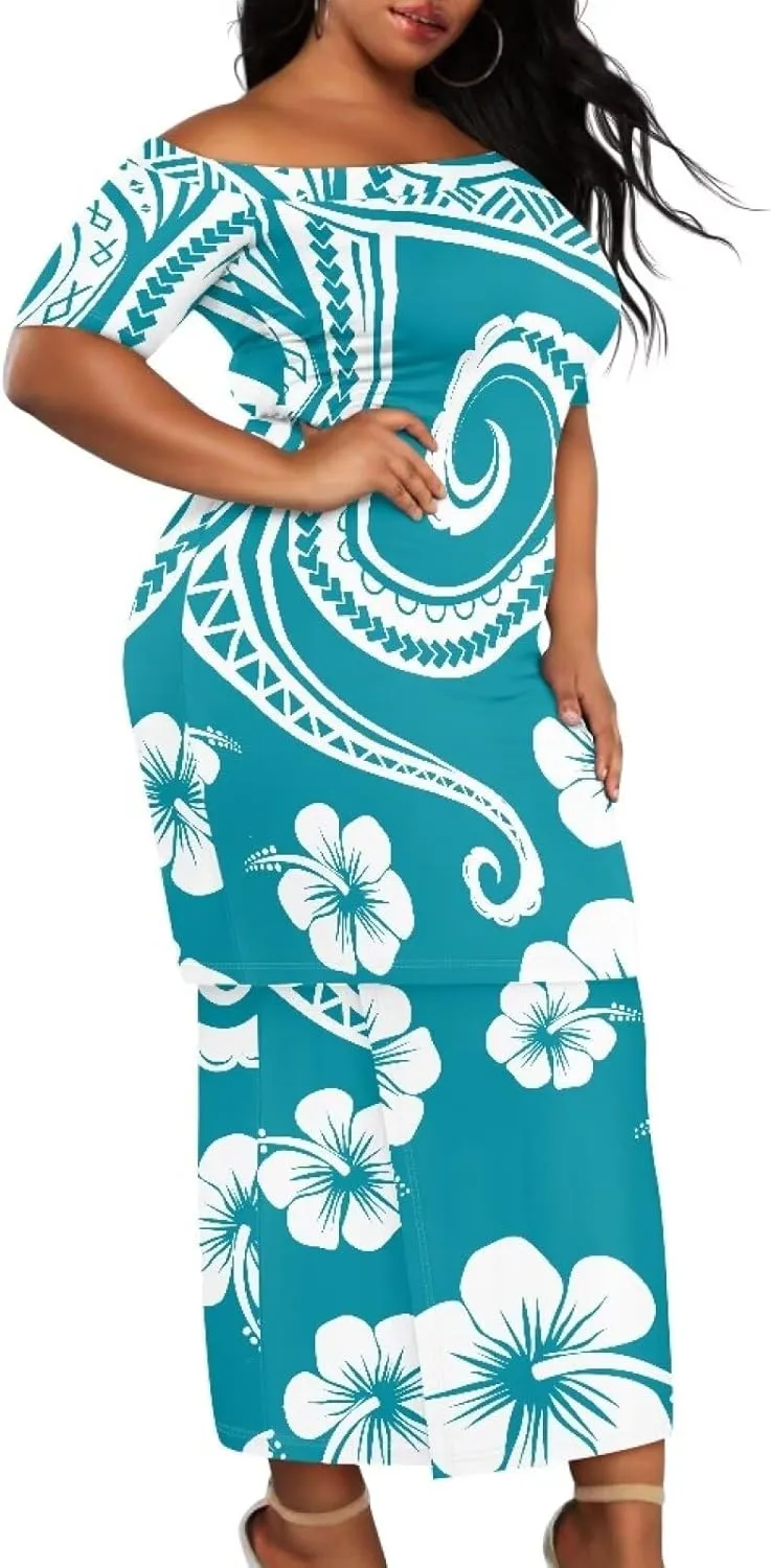 Womens 2 Piece Outfit Skirt Sets Polynesian Puletasi Samoan Off Shoulder Half Sleeve T-Shirts Long Maxi Dresses