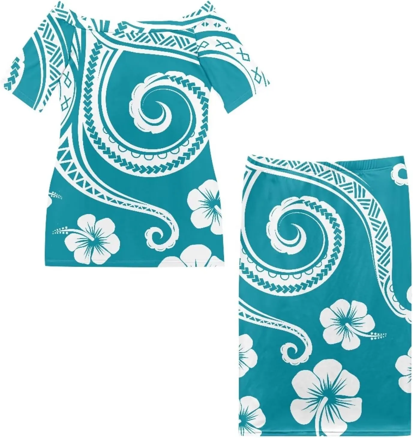 Womens 2 Piece Outfit Skirt Sets Polynesian Puletasi Samoan Off Shoulder Half Sleeve T-Shirts Long Maxi Dresses