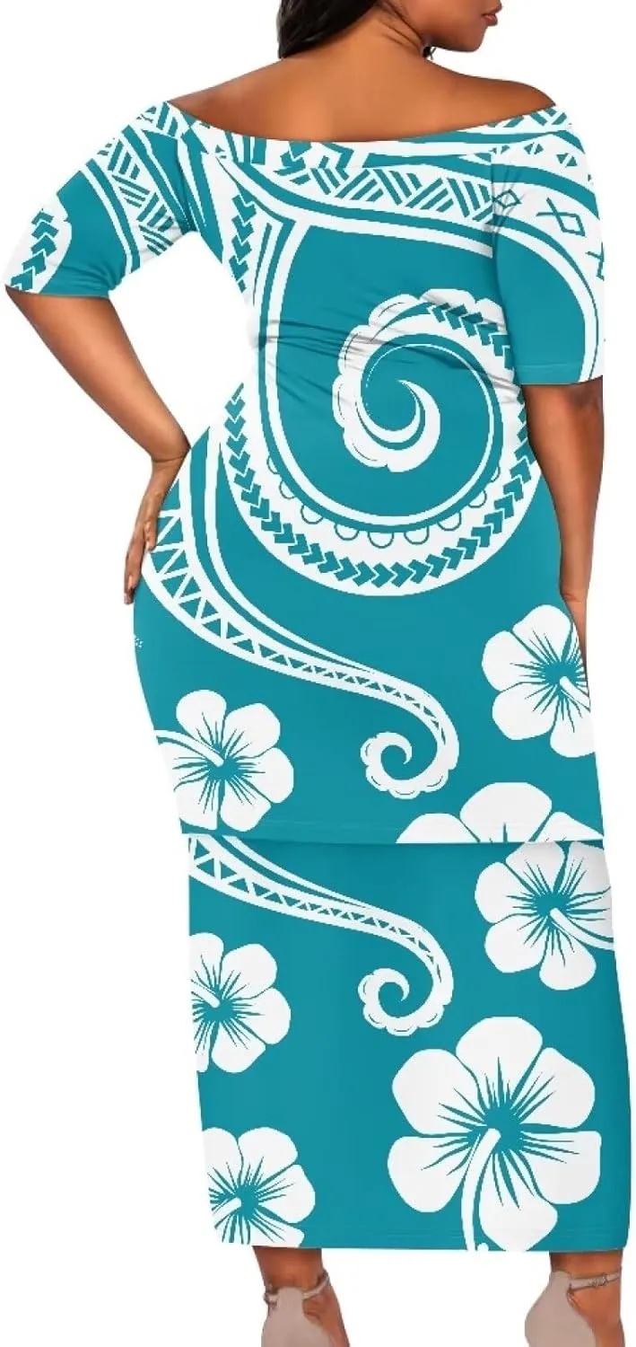 Womens 2 Piece Outfit Skirt Sets Polynesian Puletasi Samoan Off Shoulder Half Sleeve T-Shirts Long Maxi Dresses
