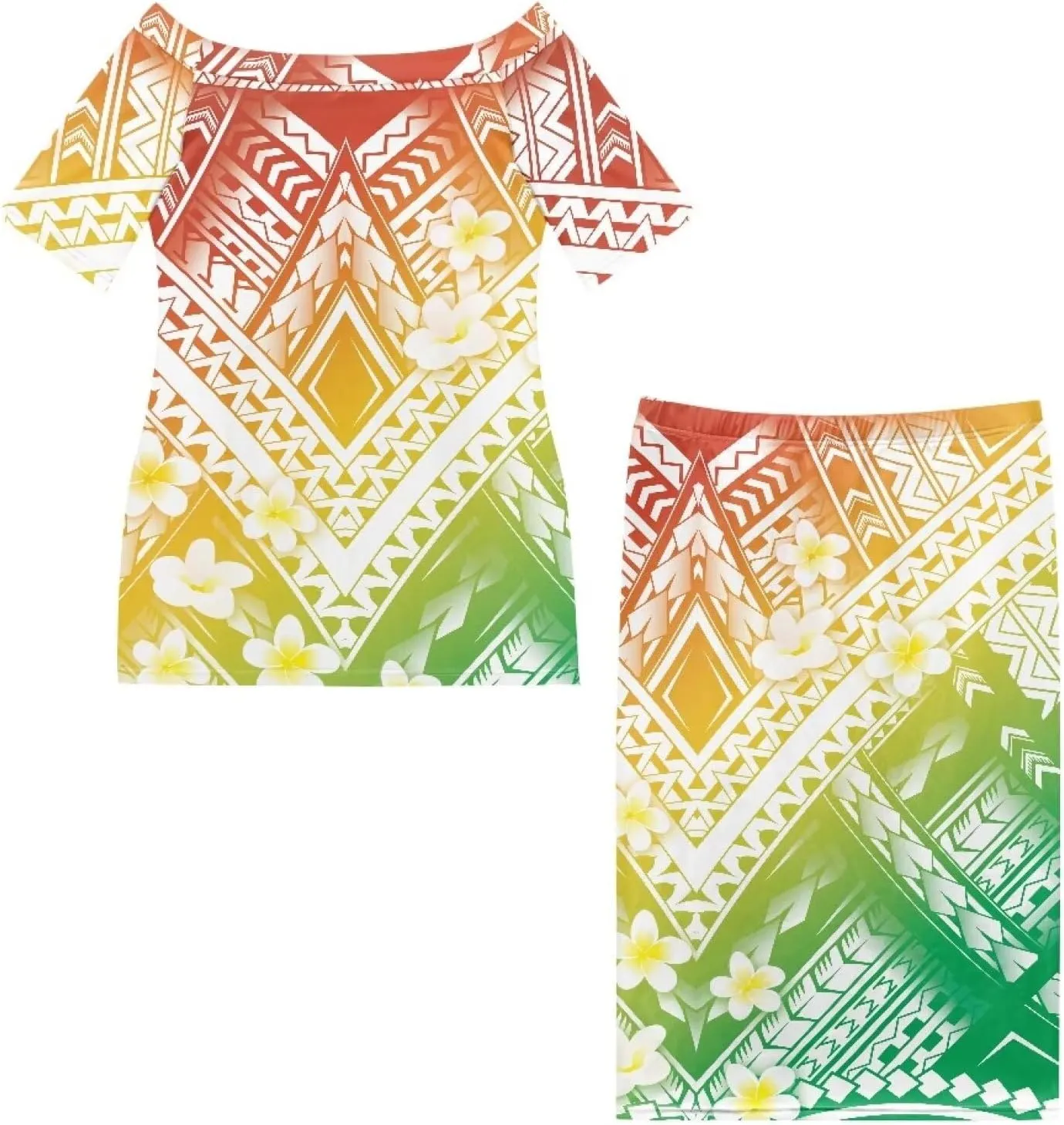 Womens 2 Piece Outfit Skirt Sets Polynesian Puletasi Samoan Off Shoulder Half Sleeve T-Shirts Long Maxi Dresses