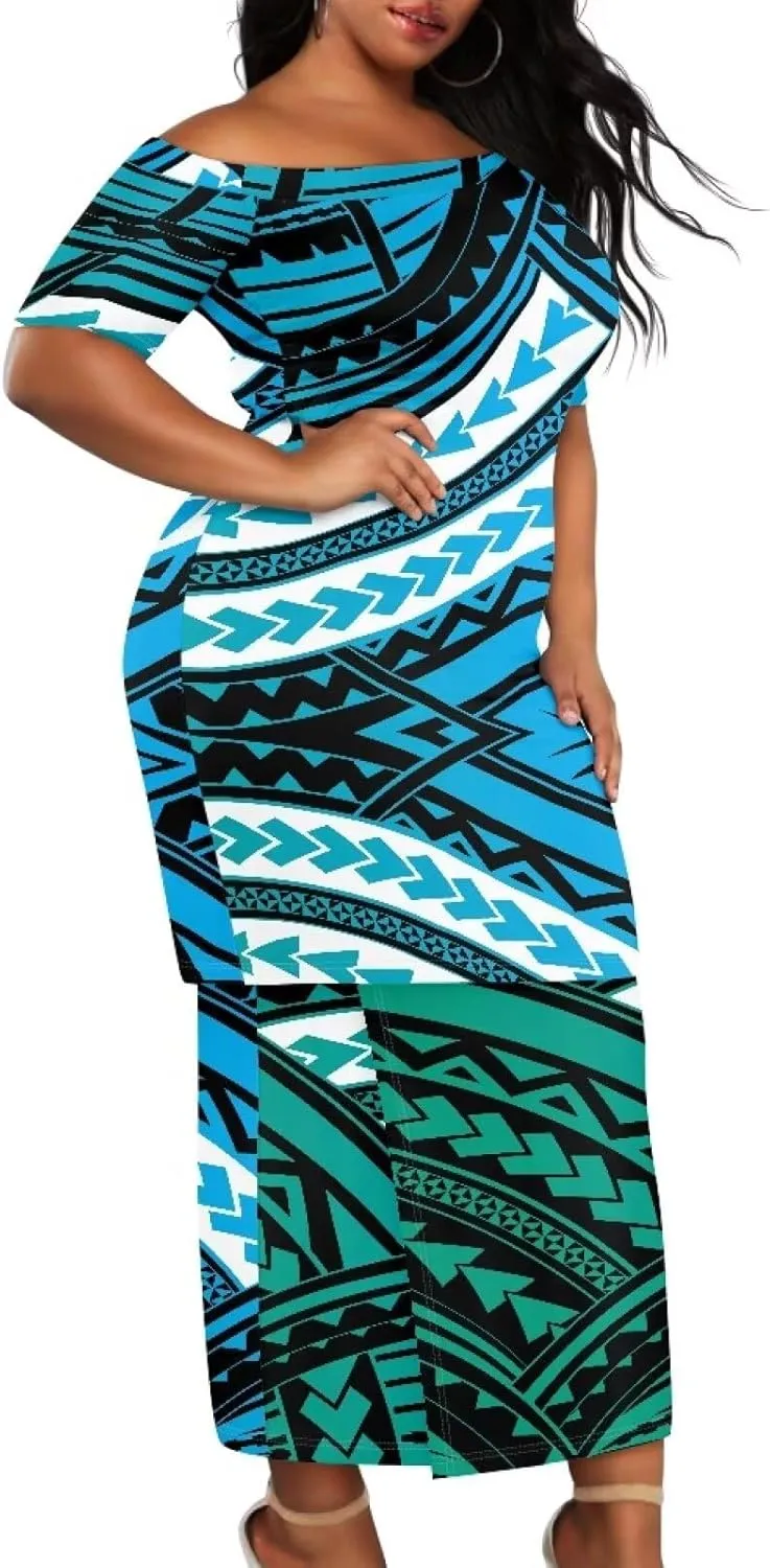 Womens 2 Piece Outfit Skirt Sets Polynesian Puletasi Samoan Off Shoulder Half Sleeve T-Shirts Long Maxi Dresses