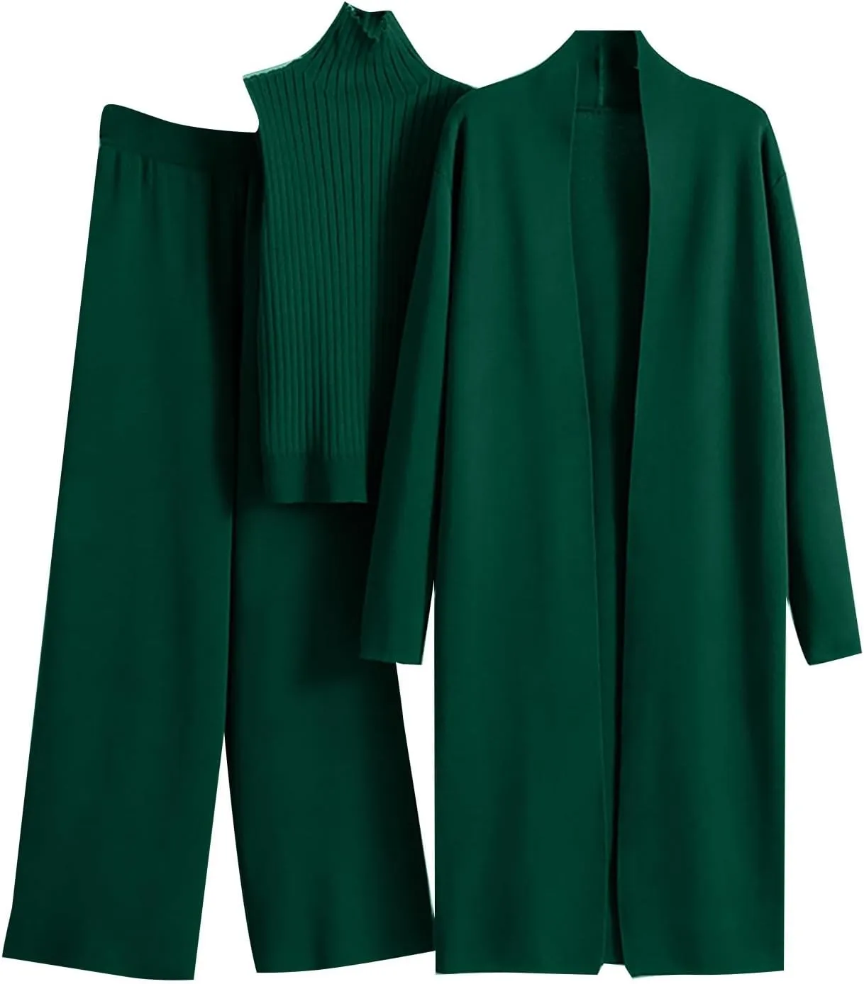 Women's 3 Piece Knit Lounge Set, Long Sleeve Cardigan Sleeveless Turtleneck Tank Top and Wide Leg Pants Matching
