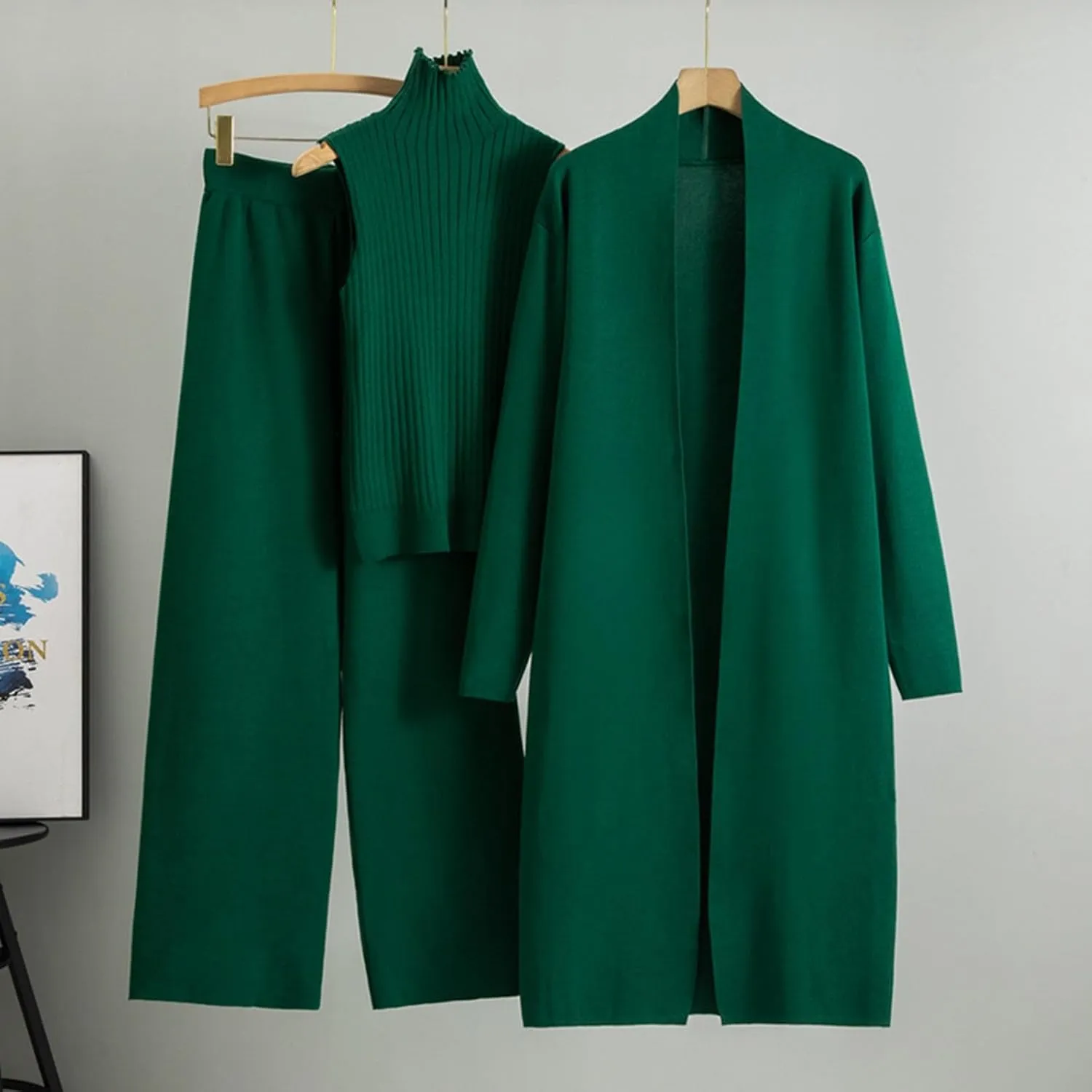 Women's 3 Piece Knit Lounge Set, Long Sleeve Cardigan Sleeveless Turtleneck Tank Top and Wide Leg Pants Matching