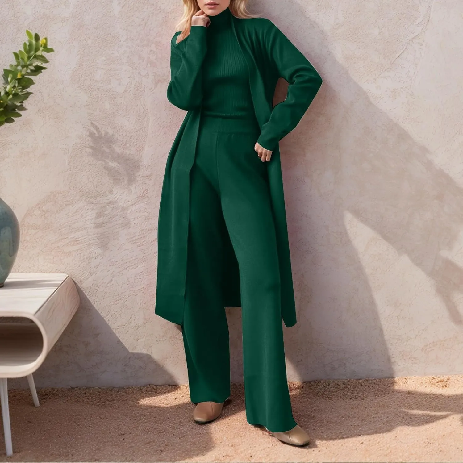 Women's 3 Piece Knit Lounge Set, Long Sleeve Cardigan Sleeveless Turtleneck Tank Top and Wide Leg Pants Matching