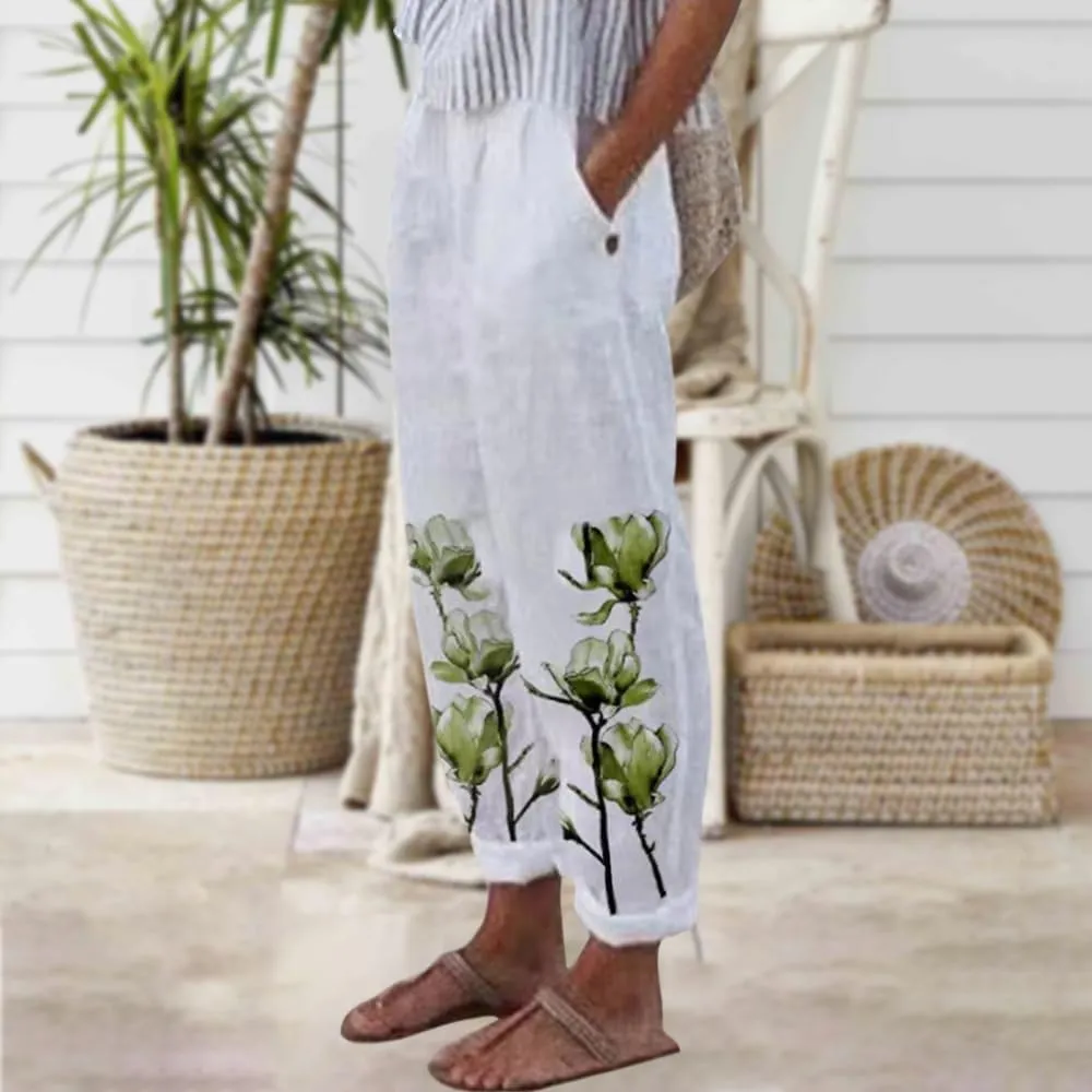 Womens Boho Floral Linen Pants Casual Elastic Waist Capri Pants Cotton Gauze Plus Size Crop Trousers with Pockets