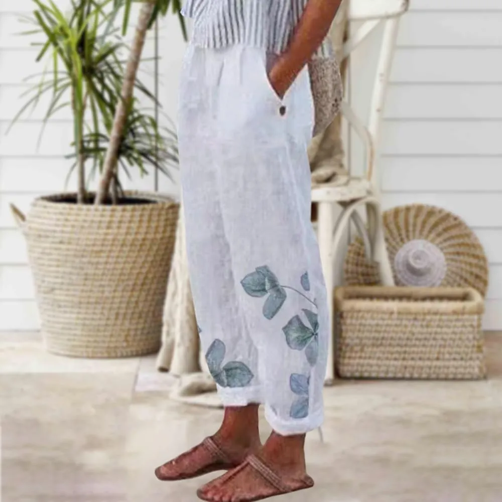 Womens Boho Floral Linen Pants Casual Elastic Waist Capri Pants Cotton Gauze Plus Size Crop Trousers with Pockets