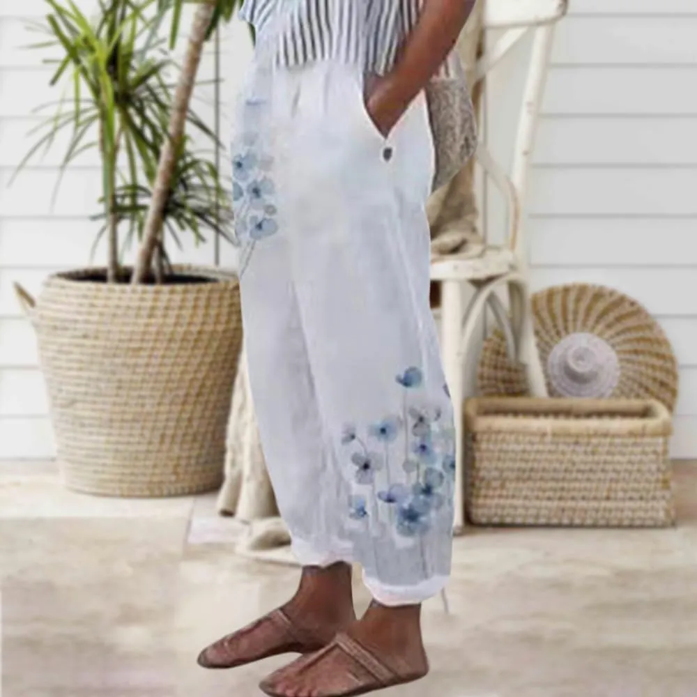 Womens Boho Floral Linen Pants Casual Elastic Waist Capri Pants Cotton Gauze Plus Size Crop Trousers with Pockets