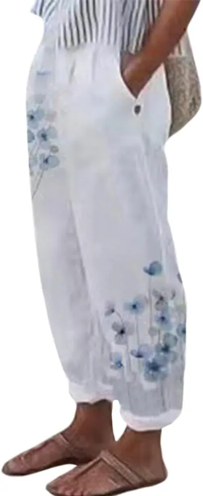 Womens Boho Floral Linen Pants Casual Elastic Waist Capri Pants Cotton Gauze Plus Size Crop Trousers with Pockets