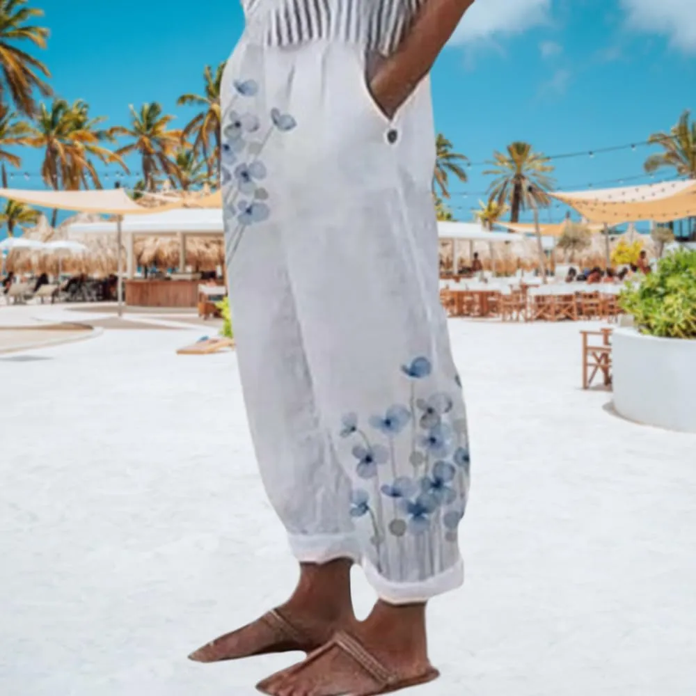 Womens Boho Floral Linen Pants Casual Elastic Waist Capri Pants Cotton Gauze Plus Size Crop Trousers with Pockets