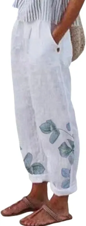 Womens Boho Floral Linen Pants Casual Elastic Waist Capri Pants Cotton Gauze Plus Size Crop Trousers with Pockets