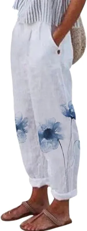 Womens Boho Floral Linen Pants Casual Elastic Waist Capri Pants Cotton Gauze Plus Size Crop Trousers with Pockets