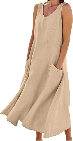 Women's Casual Dresses Trendy 2024 Cotton Linen Sleeveless Midi Tank Dresses Maxi T-Shirts Sundresses with Pockets