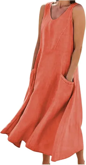 Women's Casual Dresses Trendy 2024 Cotton Linen Sleeveless Midi Tank Dresses Maxi T-Shirts Sundresses with Pockets