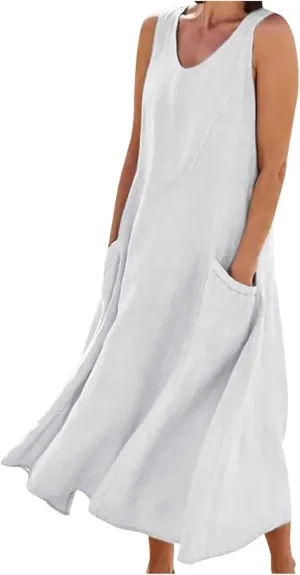 Women's Casual Dresses Trendy 2024 Cotton Linen Sleeveless Midi Tank Dresses Maxi T-Shirts Sundresses with Pockets