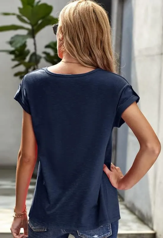Women's Casual Short Sleeve T-Shirts V Neck Button Up Tunic Tops Summer Rolled Sleeve Henley Shirt