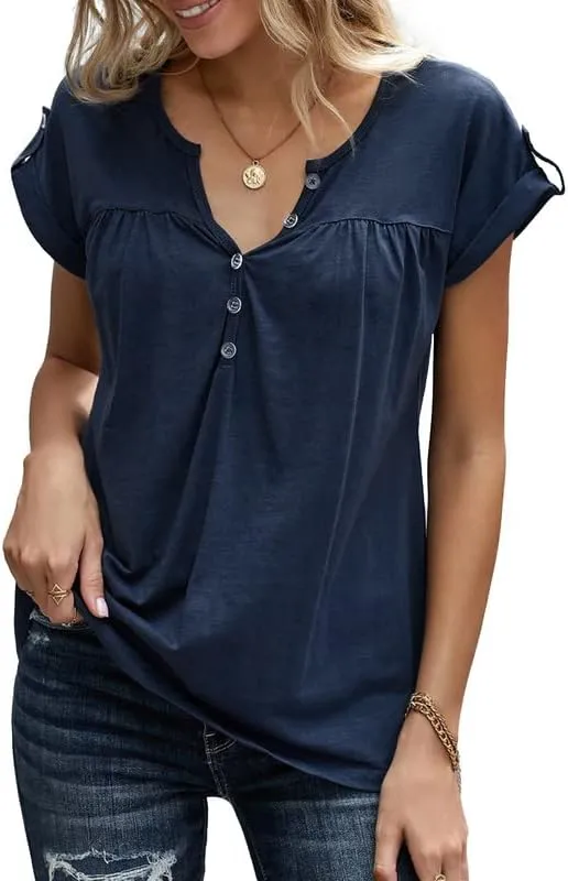 Women's Casual Short Sleeve T-Shirts V Neck Button Up Tunic Tops Summer Rolled Sleeve Henley Shirt