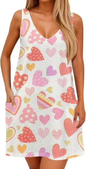 Women's Casual Sundress with Pockets Summer Boho Beach Dress Floral Blouses for Women T-Shirts Dress V Fashion