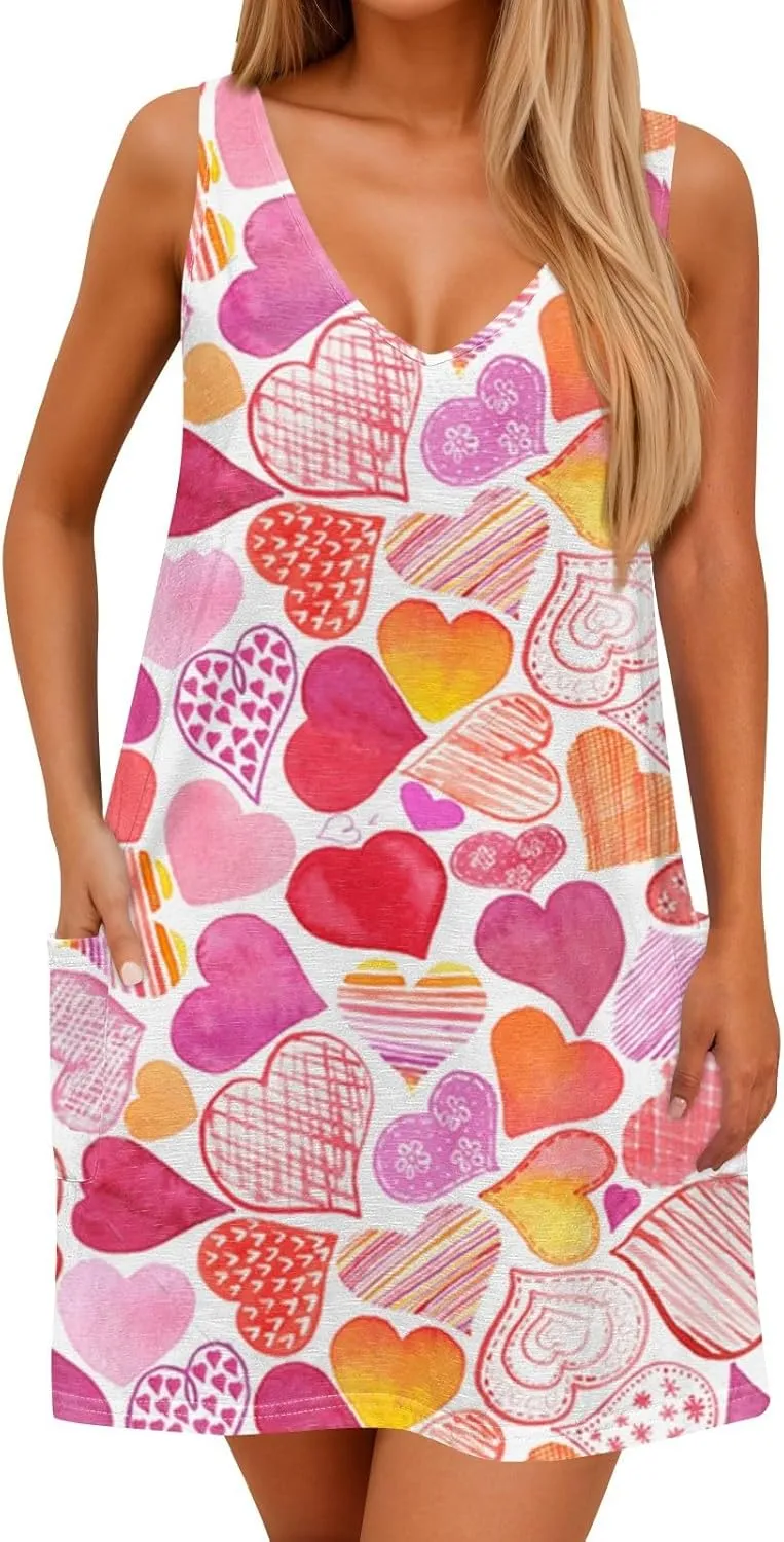 Women's Casual Sundress with Pockets Summer Boho Beach Dress Floral Blouses for Women T-Shirts Dress V Fashion