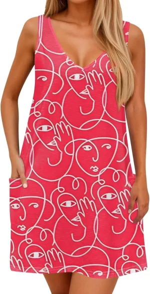 Women's Casual Sundress with Pockets Summer Boho Beach Dress Floral Blouses for Women T-Shirts Dress V Fashion