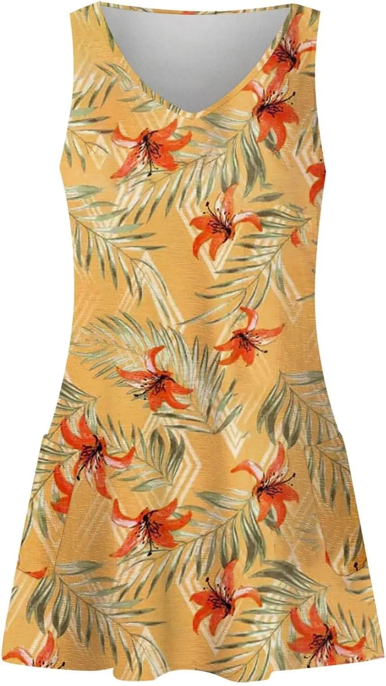 Women's Casual Sundress with Pockets Summer Boho Beach Dress Floral Blouses T-Shirts Dress Tank, S-3XL