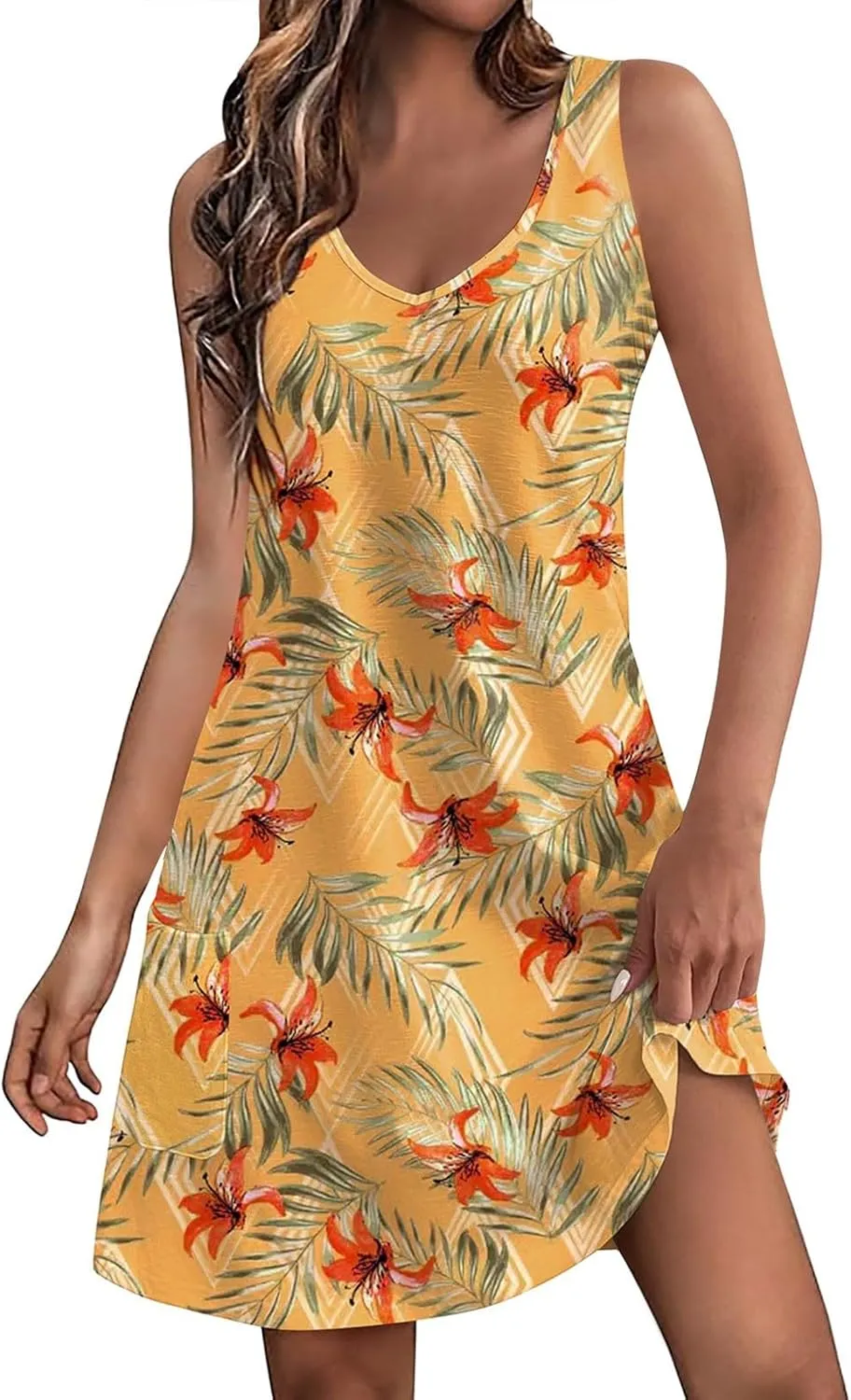 Women's Casual Sundress with Pockets Summer Boho Beach Dress Floral Blouses T-Shirts Dress Tank, S-3XL