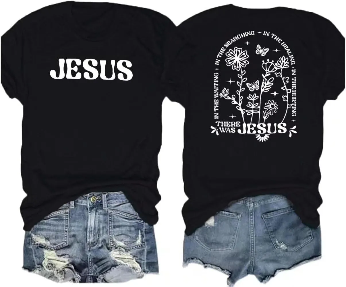 Women's Christian Bible Verse Graphic T Shirts Vintage Jesus Faith Pray Cross Print Tees Crewneck 2 Sided Tops