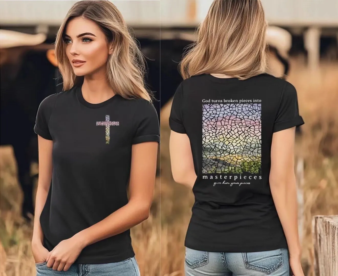 Women's Christian Bible Verse Graphic T Shirts Vintage Jesus Faith Pray Cross Print Tees Crewneck 2 Sided Tops