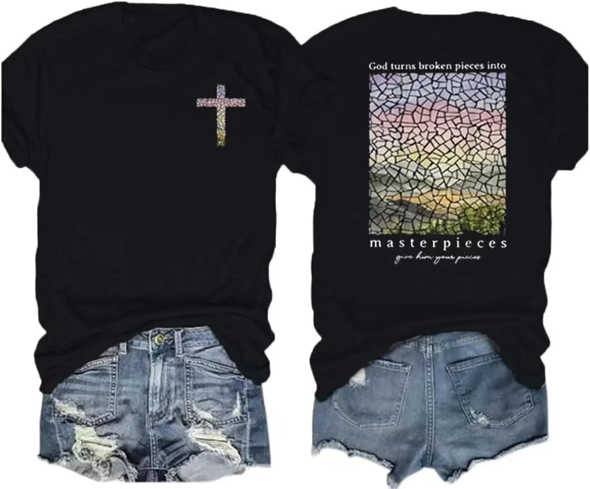 Women's Christian Bible Verse Graphic T Shirts Vintage Jesus Faith Pray Cross Print Tees Crewneck 2 Sided Tops