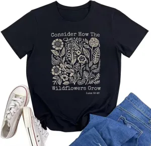 Women's Christian Bible Verse T Shirts Vintage Boho Wildflowers Graphic Short Sleeve Crewneck Floral Religious Tee Tops