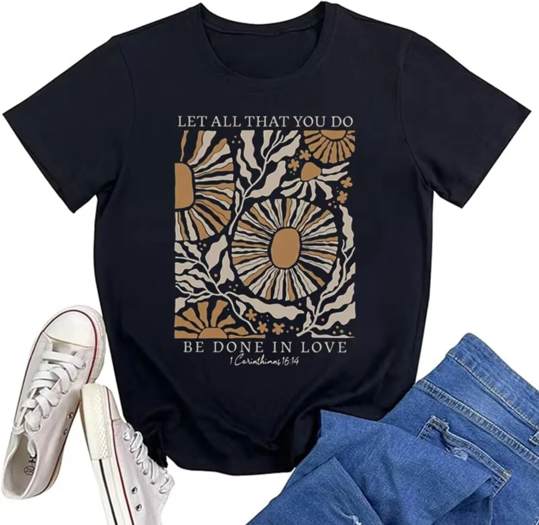 Women's Christian Bible Verse T Shirts Vintage Boho Wildflowers Graphic Short Sleeve Crewneck Floral Religious Tee Tops