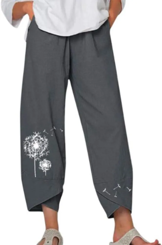 Womens Cotton Linen Capri Pants Boho Wide Leg Loose Palazzo Cropped Pants Summer Casual Baggy Trousers with Pockets