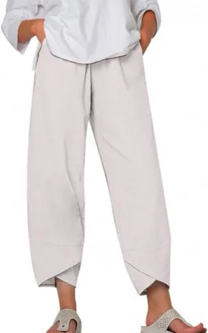 Womens Cotton Linen Capri Pants Boho Wide Leg Loose Palazzo Cropped Pants Summer Casual Baggy Trousers with Pockets